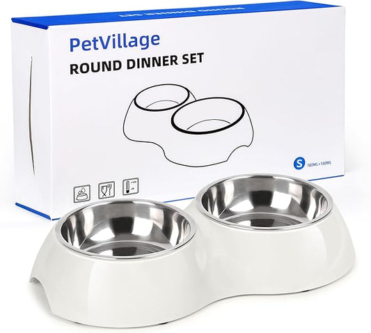 Stainless Steel Dog Bowls Set – Dual Non-Slip Pet Dishes with 2 Small (4oz*2) Bowls & Durable Resin Stand,Food & Water Feeder for Puppies, Kittens, and Small Breed Dogs– White