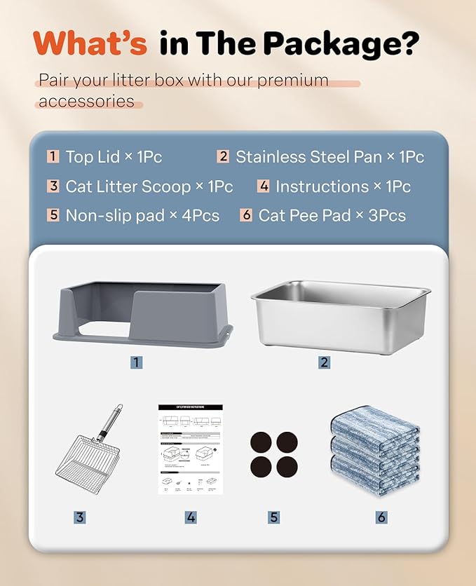 Stainless Steel Litter Box with Lid, 23.5" L x 15.8" W x 12.6" H, XL Metal Cat Box for Big Cats, High Sided Kitty Litter Box with Scoop & Pee Pads, Non-Sticky, Anti-Leakage, Easy to Clean (Gray)