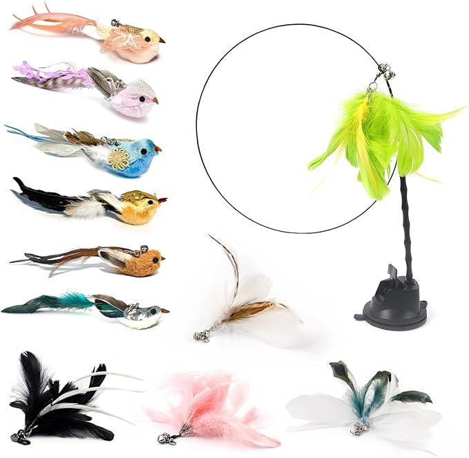 12PCS Interactive Cat Feather Wand Toy Set – 11 Bird & Feather Teaser Refills with Bells + Flexible Suction Cup Wand – Realistic Bird Design, Natural Materials, Indoor Cat Toys for Exercise & Play