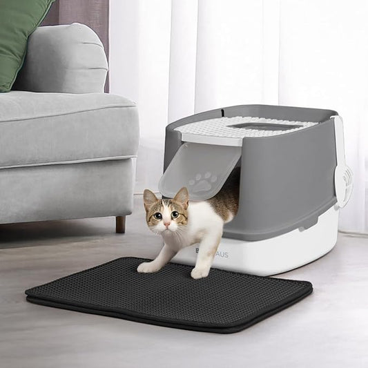 Fully Enclosed Cat Litter Box w/Lid, Scoop, Cat Mat & Odor Fitter, Large Plastic Cat Toilet with Double Door, Anti-Splashing Cat Litter Box with Lockable Front Door, Dark Grey
