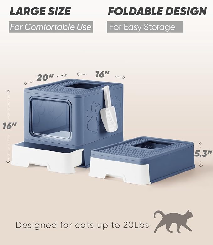 Enclosed Cat Litter Box, Large Litter Box for Big Cats, Covered Kitty Litter Boxes with Lid, Top Entry Cat Box Enclosure with Scoop, Odor Control, Easy to Clean(Blue)