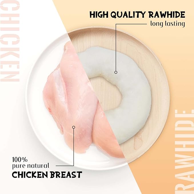 ASMPET Dog Treats Chews, Chicken Wrapped Rawhide Donuts Dental Care Chews for Small Medium Large Breed Aggressive Chewers (Pack of 4)