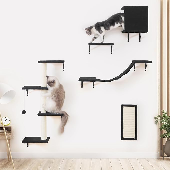 Modern Wall-Mounted Cat Furniture - 5pcs Cat Wall Shelves, Wooden Climber Includes House, Bridge, Tree, Steps, and Scratcher (Black)