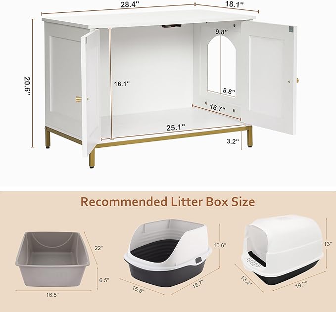 Homhedy Cat Litter Box Enclosure, Cat Washroom Furniture with Metal Frame, Pet House, Fit Most of Litter Box, Modern Style, White and Gold