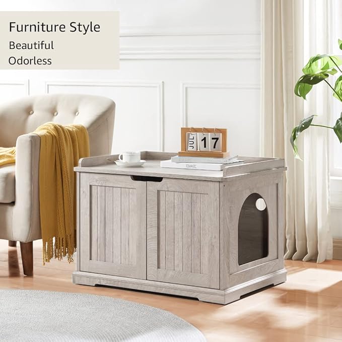 unipaws Cat Litter Box Enclosure Furniture, Hidden Litter Box Cover Washroom, Dog Proof Cabinet for Large Cat, Hideaway House, Weathered Grey