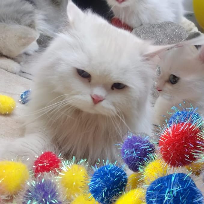 20 Pieces 2 inches Sparkle Pom Pom Balls for Cat - Interactive Glitter Balls, Multicolor, Best as Kitten Play Toys