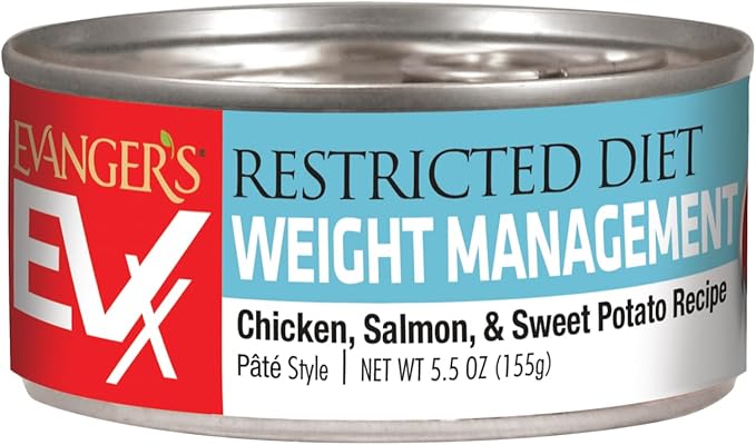 Evanger’s EVX Restricted Diet Weight Management Canned Cat Food – 24 Count, 5.5 oz Cans Each – Chicken, Salmon & Sweet Potato Recipe – Grain Free, Limited Ingredients, Pâté Style