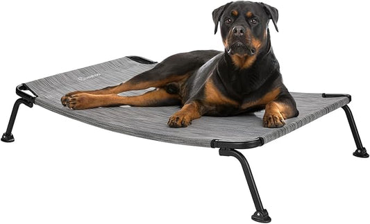 Veehoo Outdoor Elevated Dog Bed, Cooling Raised Dog Cot Bed XL, Portable Waterproof Curved Dogs Hammock Beds for Outside, up to 150lbs, Black Legs, Black Silver 49"