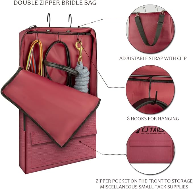 Horse Bridle Bag, Horse Tack Carry Bag with 3 Prong Tack Rack for Halters, Bridle, Harness, Equestrian Reins, Bits and Headstalls (Wine Red)