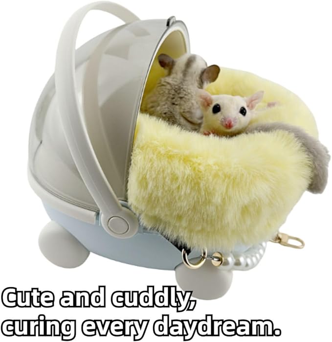Sugar Glider Carrier Cage with Warm Nest, Cushion, Mat and Safe Lock, Portable Cages with Chain, Small Animals Travel Carrier Plastic Breathable Outgoing Box for Hamsters (Yellow)