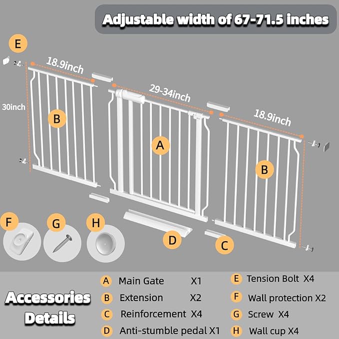 TSAYAWA Walk Through Baby Gate with Door,67-71.5 Inch Wide Presure Mounted No Drill Metal Auto Close Child Gate for Stair Doorway - Indoor Outdoor Safty Gate for Toddler Dog Doggie, White