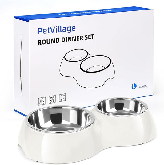 Elevated Dog Bowls Set - Non-Slip Raised Pet Feeder with Medium (10 oz) & Large (20 oz) Stainless Steel Bowls - Includes Durable Resin Stand for Puppies, Adult Dogs & Cats - White