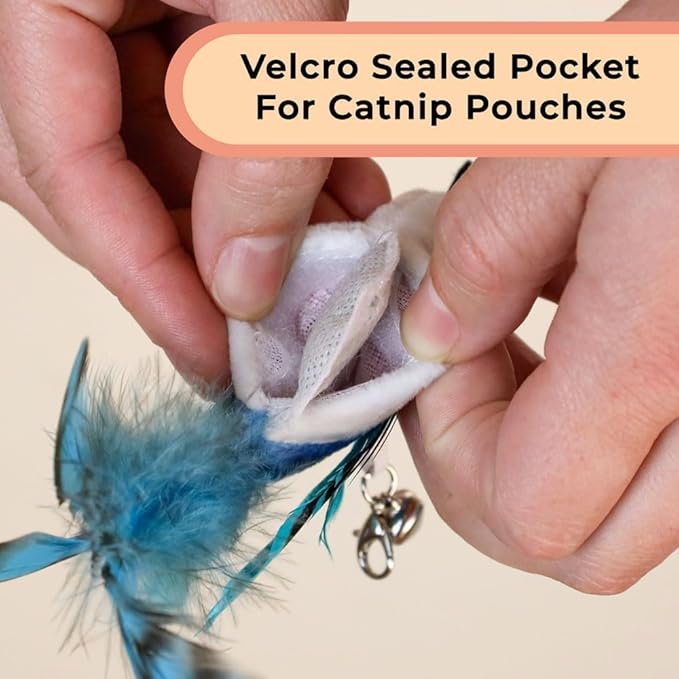 Interactive Catnip Bird Toy Set, Interactive Cat Toys for Indoor Cats, Cat Feather Toy, Suction Cup, Weighted Base, 5 Replacement Birds, Feathers & Bells, Realistic Bird Impression