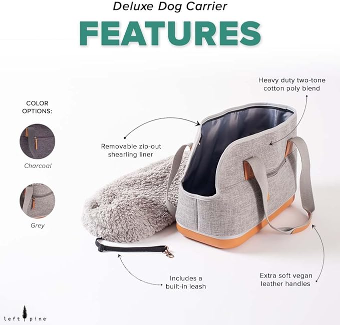 LeftPine x P.L.A.Y. Deluxe Dog Carrier Purse - Soft Sided Pet Travel Tote for Small Dogs & Puppies up to 16 Pounds - Built-in Safety Leash, Machine Washable, Removable Liner, Zipper Pocket (Charcoal)