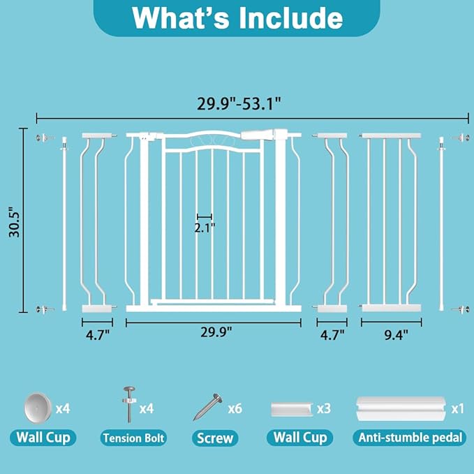 Extra Wide Baby Gate for Doorways 29.9"-53.1", Pressure Mounted Dog Gates With Door, Child Safety Barrier Walk Thru Indoor, Large Babygate Long for Kids Toddler Pet Outside, 30 In Tall White