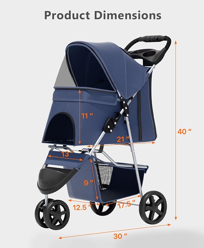 Pet Stroller with 3 Wheels for Small/Medium Pets, Portable Travel Foldable Carrier Jogger for Dog Cat Puppy Kitty, Rear Wheel Breaks, Storage Basket, Visible Mesh Weather Cover (Navy Blue)