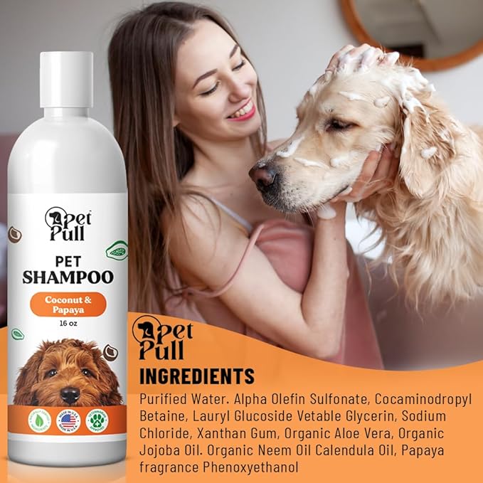 Pet Shampoo for Dogs - Plant-Based Dog Shampoo Cleanser - Dog Wash Pet Supplies for Pets with Coconut and Papaya Scent - Safe and Gentle Sensitive Skin Dog Shampoo - Made in The USA (16Oz)