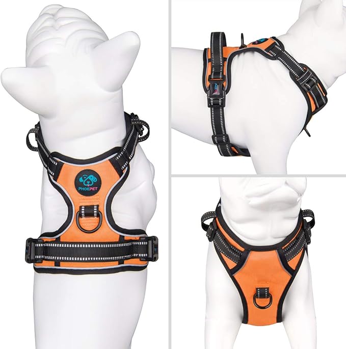 PHOEPET No Pull Dog Harnesses for Small Puppies Reflective Adjustable Front Clip Vest with 2 Metal Leash Attachment Hooks Soft Handle (S, Orange)