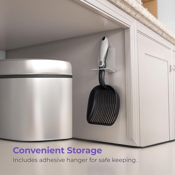 iPrimio Cat Litter Scoop Metal w/ Deep Shovel, Black - Non Stick Plated Aluminum Cat Litter Scooper with Holder - Litter Box Scooper - Metal Cat Litter Scoop - Patented Sifter w/ Holder - Solid Handle