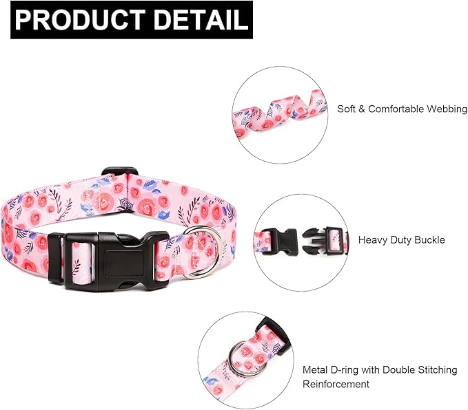 Mercano Adjustable Dog Collar - Special Design Patterns, Soft Nylon Comfortable Durable Pet Collar for Small Medium Large Dogs (L, Rose)