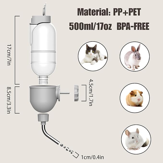 Pet Water Bottle for Cage Crate 17oz Non-Drip Water Dispenser for Small Animal Rabbit Bunny Guinea Pig Chinchilla Ferret Squirrel Hedgehog (Gray, 17oz)