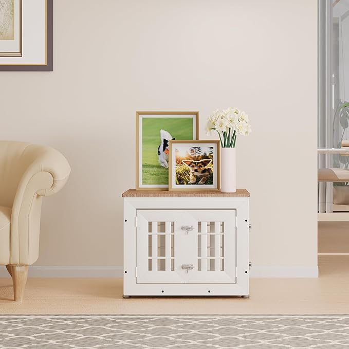 26" Heavy Duty Dog Crate Furniture for Small,Medium and Large Dogs,Rustic Wooden Dog Cage Kennel Indoor Furniture with Waterproof Top,Decorative Pet House Side End Table (White & Wood)