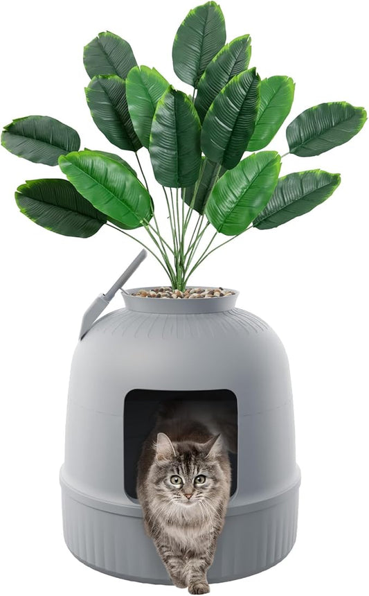Lifewit Litter Box with Faux Plant & Scoop for Large Cat, Hidden Corner Enclosure Litter Tray with Odor Control & Carbon Filter in Living Room/Bedroom/Bathroom, Grey