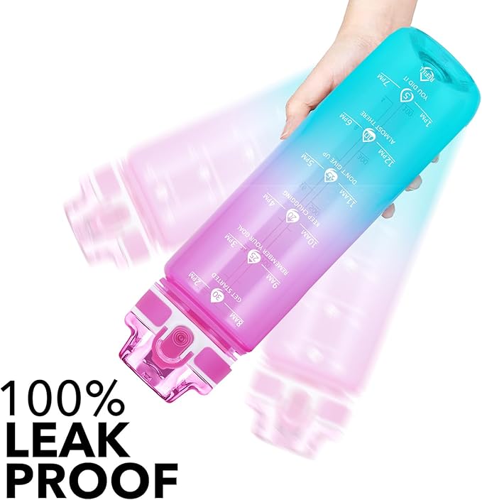 32oz Motivational Water Bottles with Time Marker & Fruit Strainer, Transparent Gradient Color Water Bottle with Times to Drink, Leakproof & BPA Free, Reusable Bottle with Strap (No Straw)