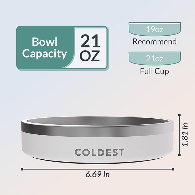 Coldest Dog Bowl - Anti Rust Metal, Non Slip, 3 Layers Insulated Stainless Steel Dog Bowls - Spill Proof & Heavy Duty - Water Bowl for Dogs, Cats & Pets, Dish Washer Safe (21 oz, Epic White)