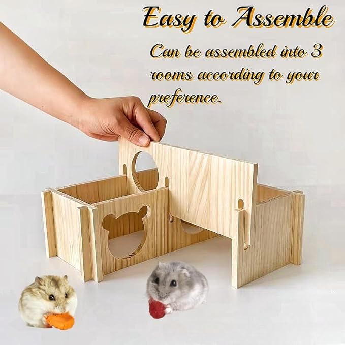 Natural Wooden Hamster House Hideout Multi-Chamber Hamster Maze Tunnel Detachable Small Pet House Habitats Exploring Toys for Dwarf Hamster, Hedgehog, Rats, Gerbils, Mice, Guinea Pigs