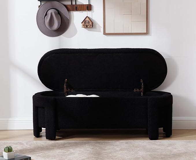 Kmax 50" Storage Ottoman Bench Modern Faux Fur Boucle Entryway Bench Comfy Upholstered End of Bed Bench for Hallway Entrance Bedroom Corner, Black