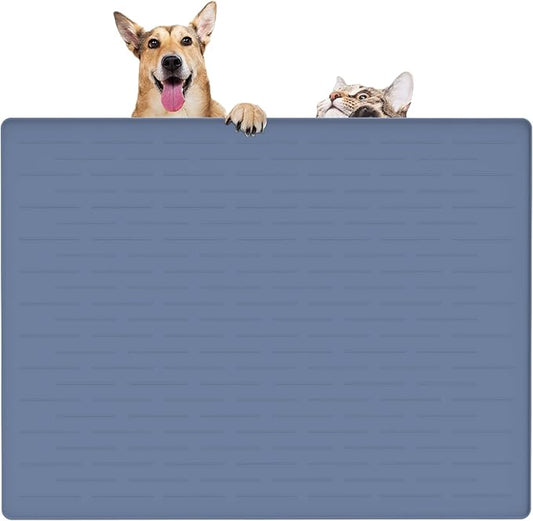 32" x 24" Large Pet Food Mat, Silicone Dog Mats for Food and Water, Nonslip Pet Feeding Mats for Floors,Dog Cat Bowl Mat with Raised Edges, Lake Blue