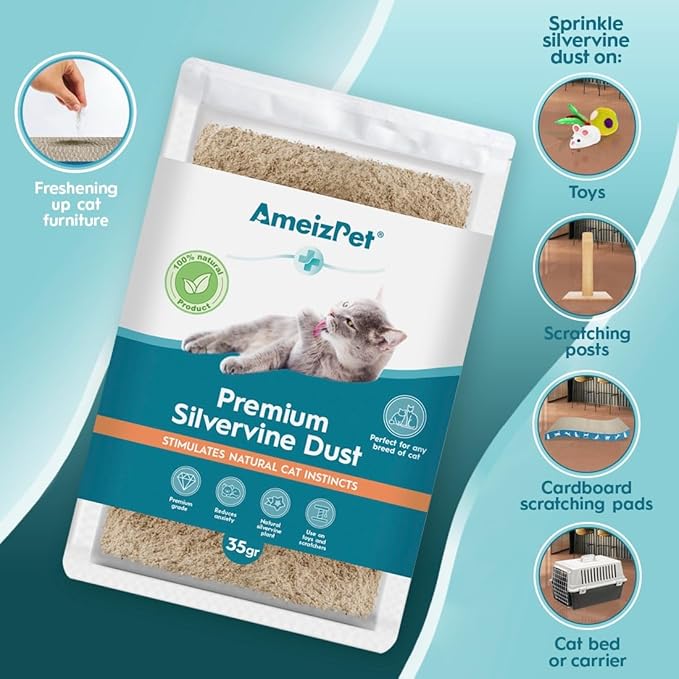 Silvervine Dust for Cats, Catnip Alternative for Training & Play, Cat & Kitten Behaviour Dust 35g (0.08 Oz)