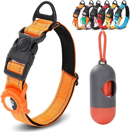 JSXD AirTag Dog Collar, Night Reflective Nylon Dog Collar for Small Medium Large Dogs,Lockable Quick Release Buckle,Padded Breathable Pet Collar with AirTag Holder (Orange, Medium)
