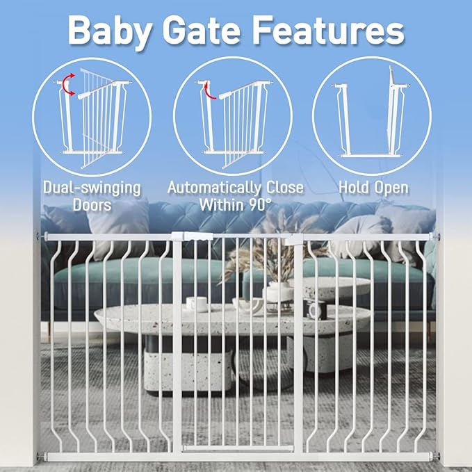 WAOWAO Extra Tall 40.55" Baby Gate 29.92-46.85" Wide Pressure Mounted Walk Through Swing Auto Close Safety White Metal Toddler Child Dog Pet for Indoor Stairs,Doorways,Kitche