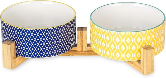 Selamica Ceramic 30 OZ Dog Bowls with Wooden Stand, Anti-Slip Dishes Set for Cats and Small Dogs, Weighted Bowls in Assorted Colors