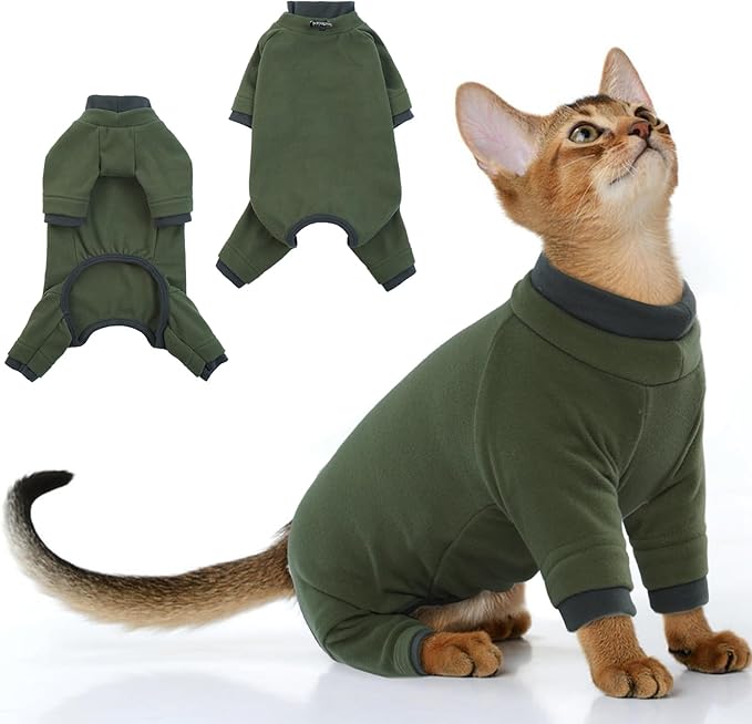 PUMYPOREITY Sticky Hair Cat Clothes, Prevent Hair Loss Cat Pajamas, Soft Cat Sweaters for Cats Only, Cat Hair Sticky Onesie, Cat Recovery Suit After Surgery, Green, XL