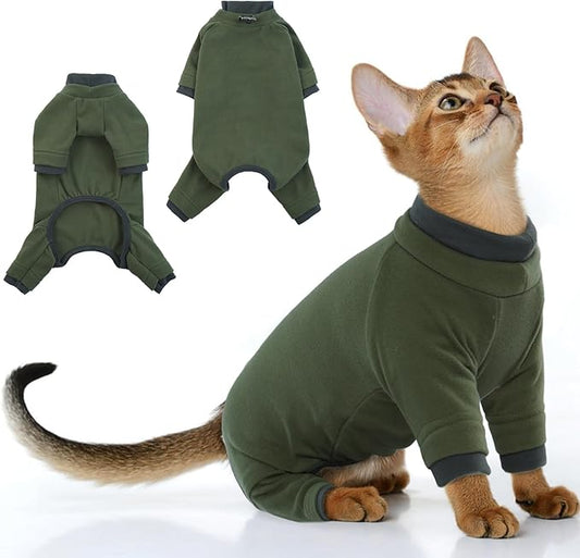 PUMYPOREITY Sticky Cat Clothes - Soft Cat Sweaters & Pajamas for Recovery & Hair Loss Prevention, Green, XS