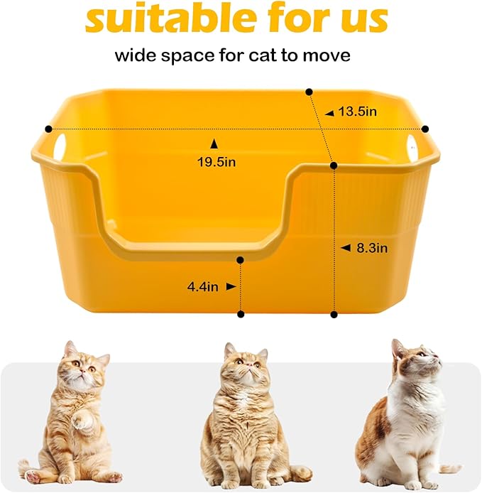 Large Low Entry Litter Box with High Sides,Plastic Cat Litter Pan Open Top Anti-Splashing Kitten Litter Box,Yellow Low Entrance Cat Toilet Easy to Clean
