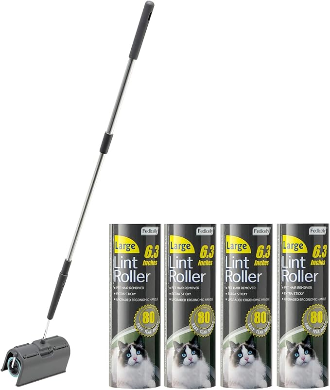 Fedicelly Lint Rollers Pet Hair Extra Sticky Floor with Long Handle,Large Cat Dog Hair Remover Laundry Clothes Carpet Furniture,6.3 inches Wider with 320 Sheets Giant Lint Remover Brush for Couch