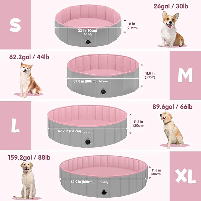 Furrybaby Dog Pool, Kiddie Pool with Hard Plate Collapsible Pet Bath Foldable Swimming Pet Pool Portable Pink 39''
