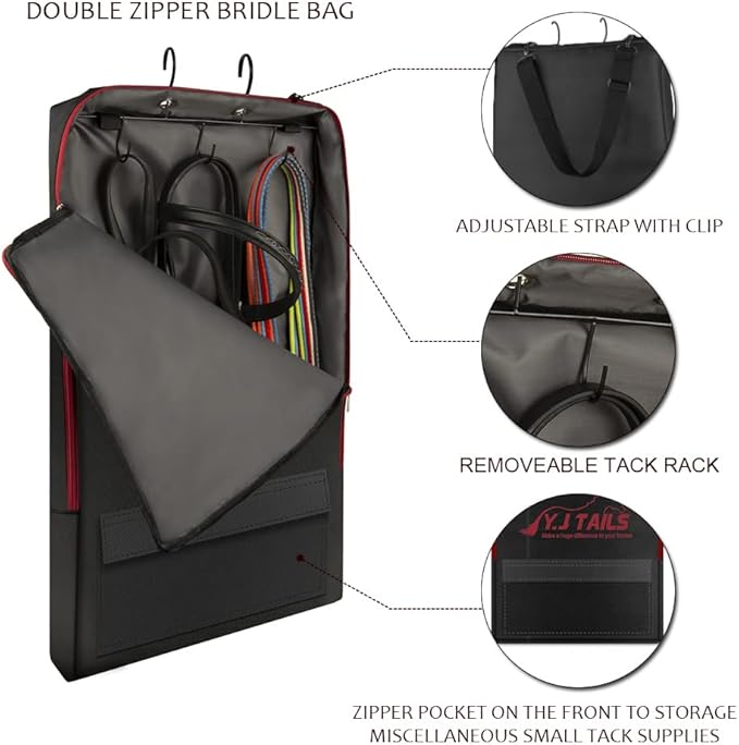 Horse Tack Carry Bag, Horse Harness Bag for Halters, Bridle, Equestrian Reins, Bits and Headstalls, Miniature Horse Harness with 3 Prong Tack Rack (Black)