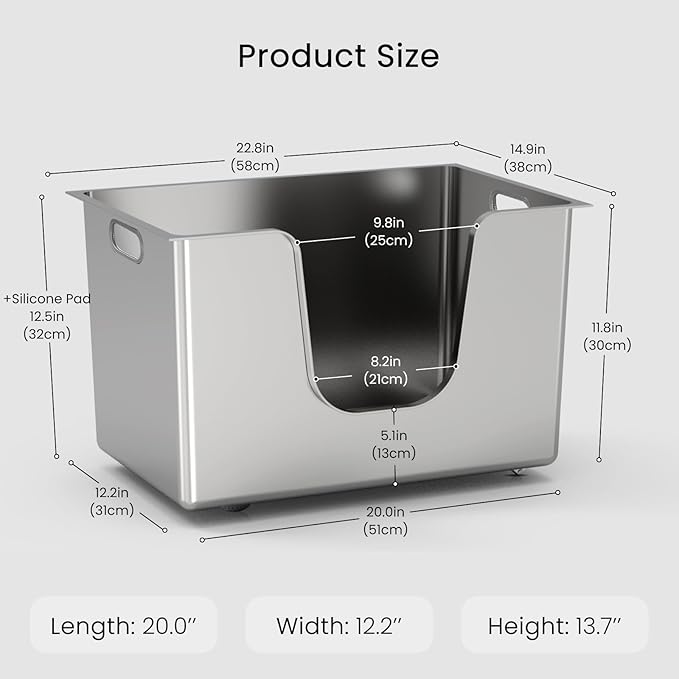 Stainless Steel Cat Litter Box 11.8” High Sides, Large Metal Litter Box with Low Entry for Big Cats, Leak-Proof Pet Toilet Kitty Litter Pan with Wheels for Mobility, Easy to Clean & Non-Stick