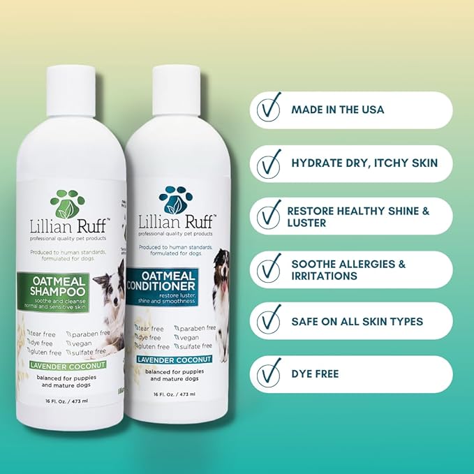 Lillian Ruff Starter Pack Gift Set for Dogs | Oatmeal Shampoo, Oatmeal Conditioner, Waterless Shampoo Citrus, Ear Cleaner & Otic Wax Solvent, Breath Spray, Leash Clip Waste Bag Dispenser with 15 Bags