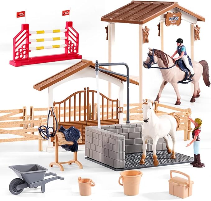 Peagrav Horse Stable Playset with Rider & Horses - Toy Figures for Boys & Girls, Ages 3-8