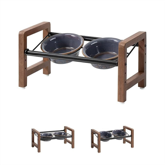 5.5inch Ceramic Adjustable Raised Double Bowls Set with Stand, 3 Heights Elevated, 2 Placement Options, Food and Water Dishes for Puppy, Cats（Double Bowls+Stand, Reactived Glaze -Grey