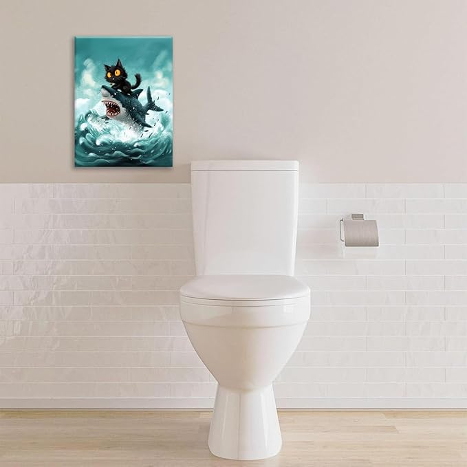 Funny Black Cat Bathroom Wall Art Cute Cat Riding Shark Canvas Wall Decor Animal Kitten Pictures Painting Print Artwork Framed Decorations Gifts for Cat Lover Kids Room Bedroom 24"x20"