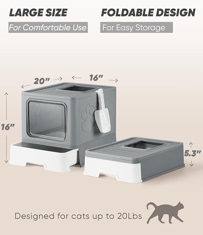 Enclosed Cat Litter Box, Large Litter Box for Big Cats, Covered Kitty Litter Boxes with Lid, Top Entry Cat Box Enclosure with Scoop, Odor Control, Easy to Clean(Grey)