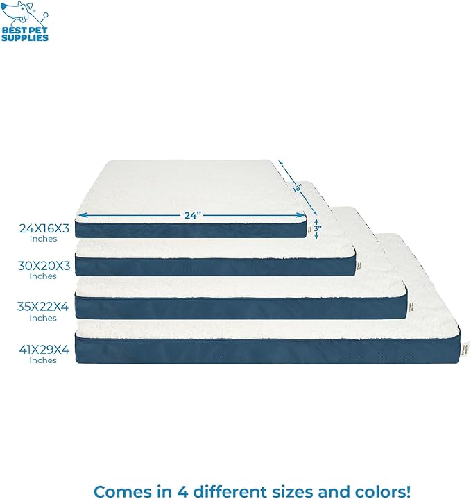 Best Pet Supplies Cute Dog Crate Mat Flat Bed with Waterproof Exterior, Thick Orthopedic Egg Foam Mattress, and Soft Sherpa Fleece Cover for Small, Medium, and Large Breeds - Blue, 24X16X3