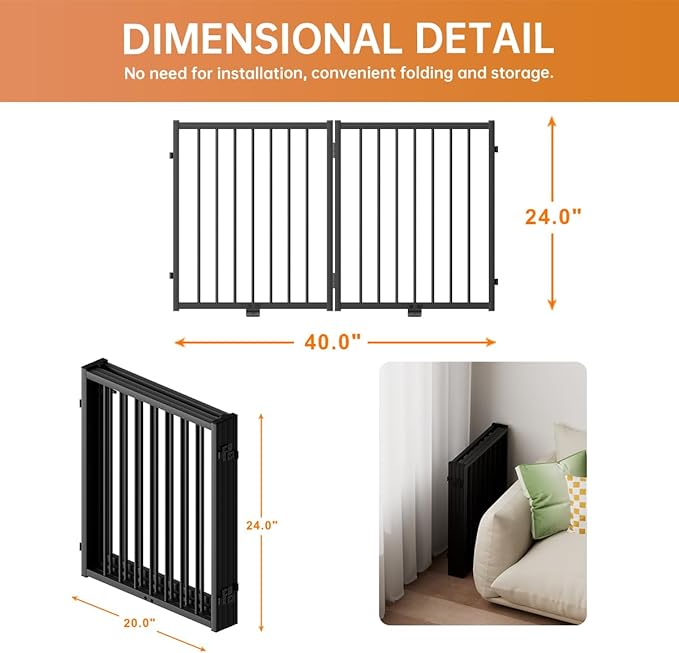 Full Metal Freestanding Dog Gate with Door, 24'' Height Foldable Pet Dog Fence for Indoor & Outdoor, 2 Panels Extra Wide Free Standing SmallDog Gates for Doorways,House,Stairs,Porch,Deck,Yard